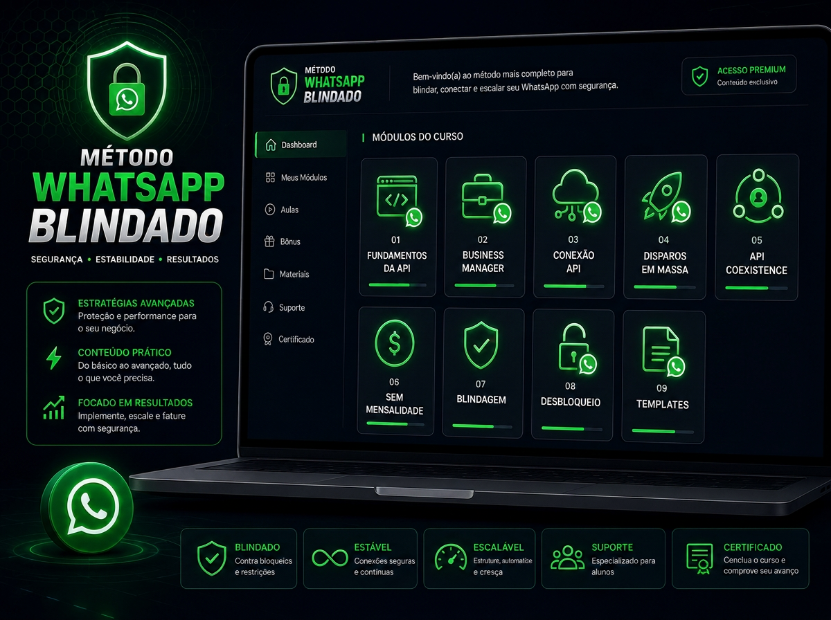 Área de membros do Método WhatsApp Blindado com todos os módulos do treinamento